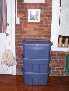 Our three worm bins by the back door